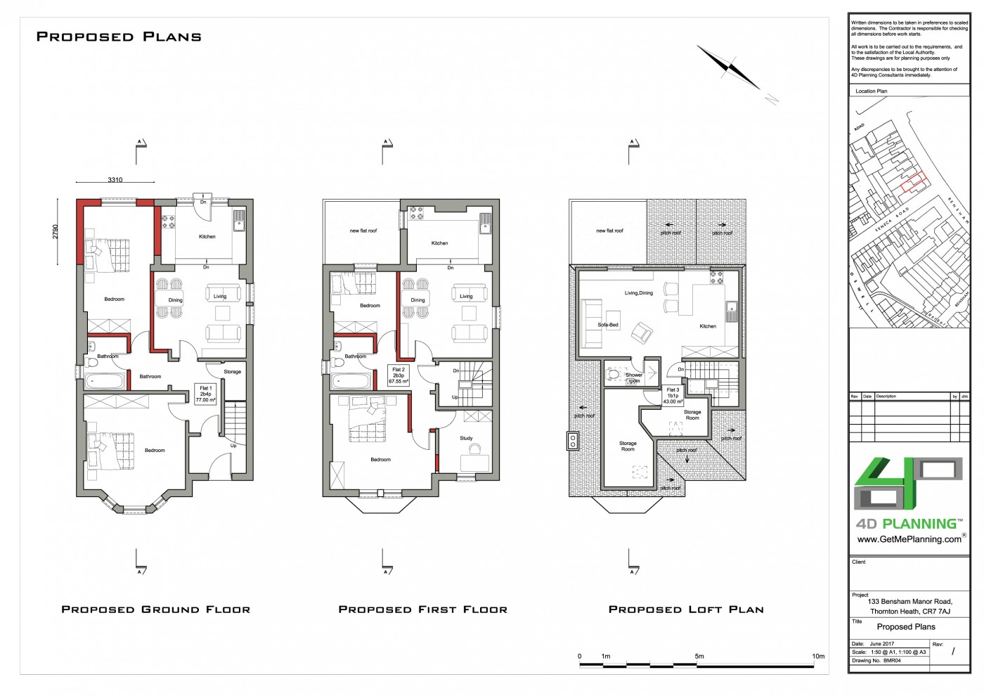 Conversion to three flats, single storey extension, parking