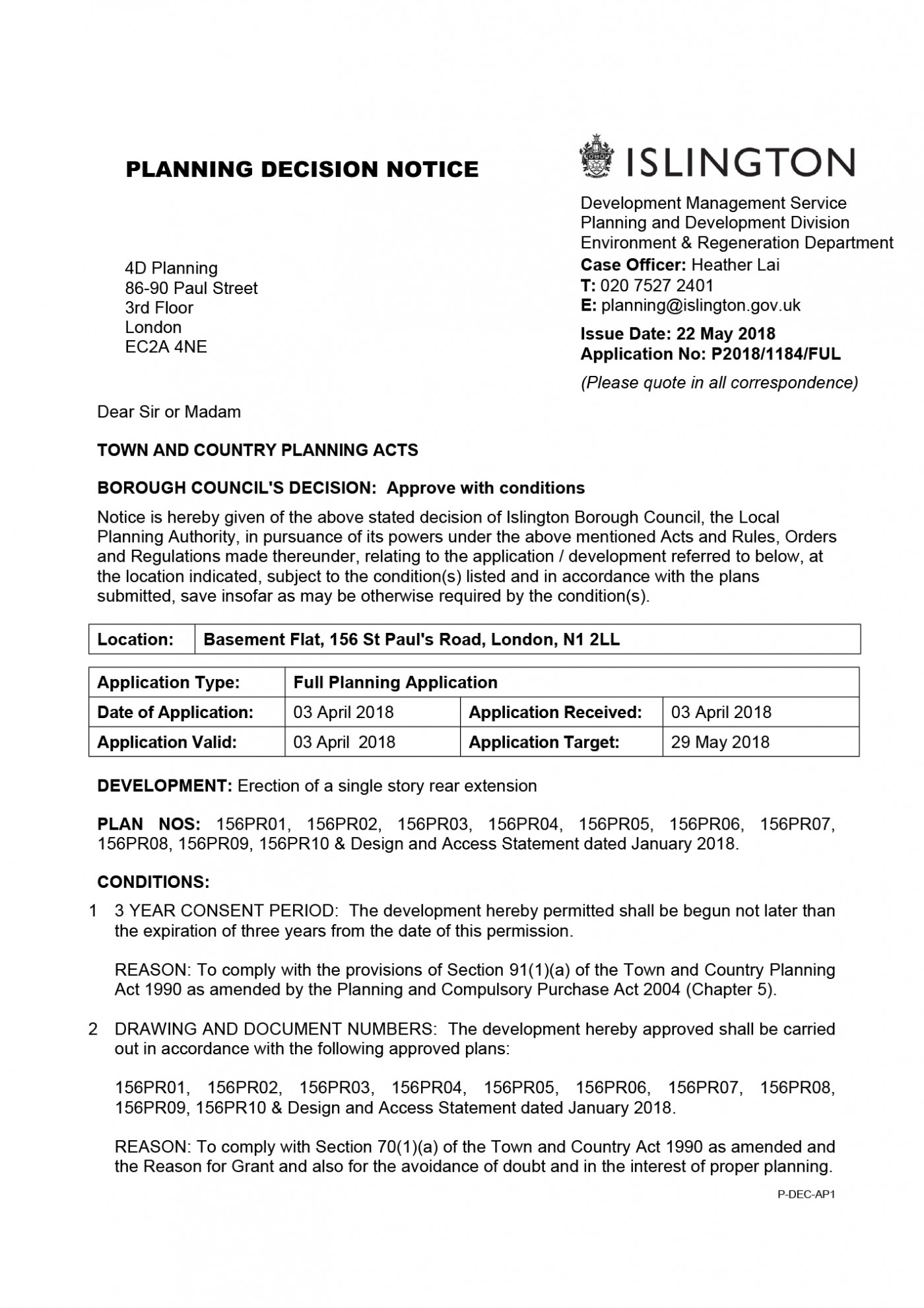 Islington Council Decision Notice - Planning Permission Granted